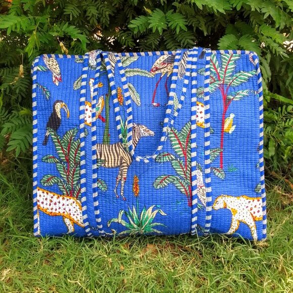 Reusable Quilted Cotton Tote Bag – Hand Screen-Printed Floral Design Blue - Picture 1 of 2